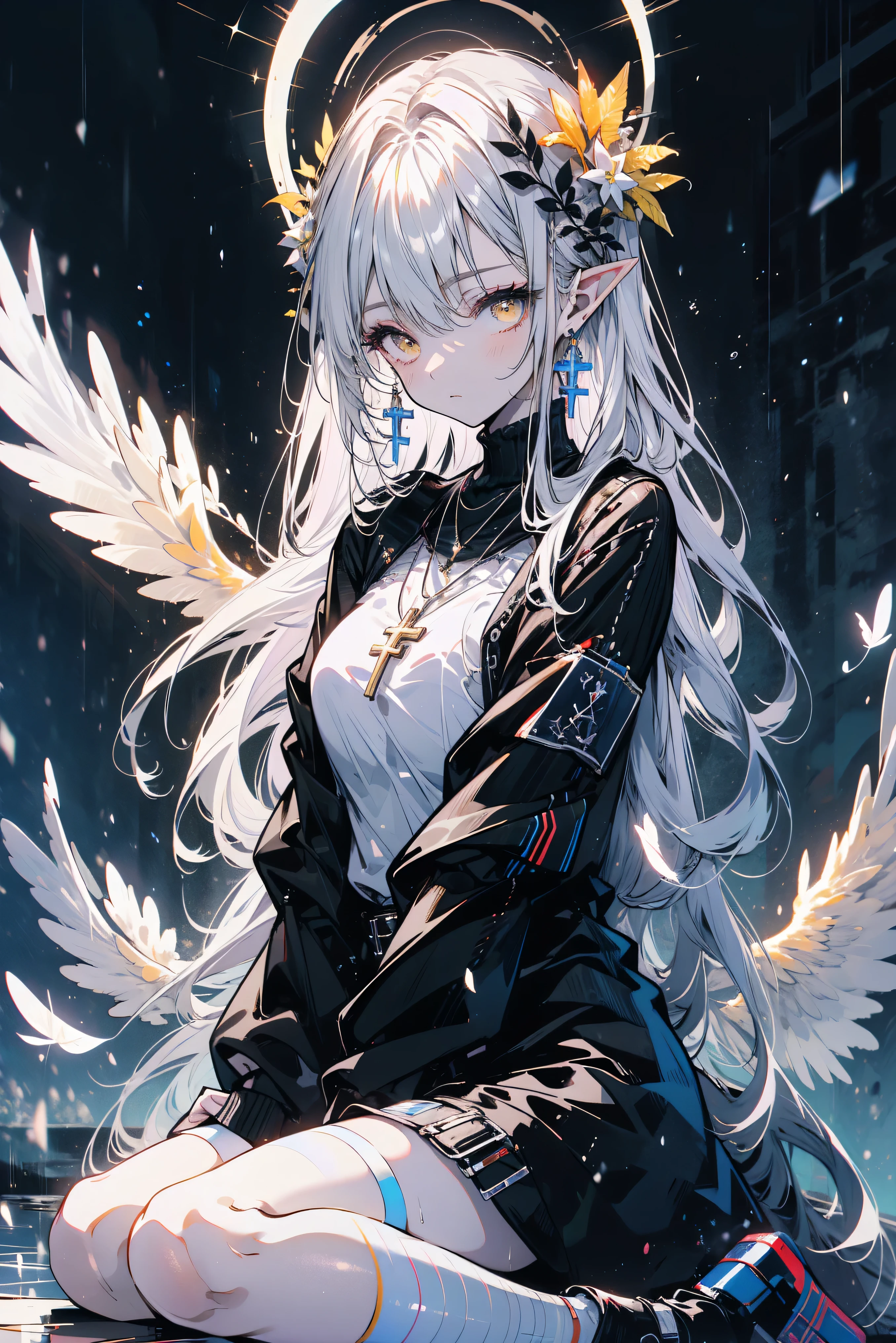 (((masterpiece))), (((The best quality at its best)))),(Sit on your knees), (Kneel and sit on the surface of the white glass), Official Art, Highly detailed CG synthesis 8k wallpaper, ((sketch))), night, rain, Beautifully detailed skies, Beautiful and delicate water, Game CG, Huge file sizes, sketch, alone, ,Angelic, 長いGray Hair, Gray Hair, Wet Hair, Hair between the eyes, Hair behind the ear, Innocent eyes and white eyelashes, Yellow Eyes, Half-closed eyes, footwear, Halo, Cross Necklace, Looking down,Hair fluttering, Feather ornament, leaf hair accessories, In the forest, Lakeside, ((Flat Chest))), (((Black Robe))), Long Sleeve Dynamo, White blindfold, Elf Ears, The golden wings, even more yellow,Phoenix Wings,Divine Light