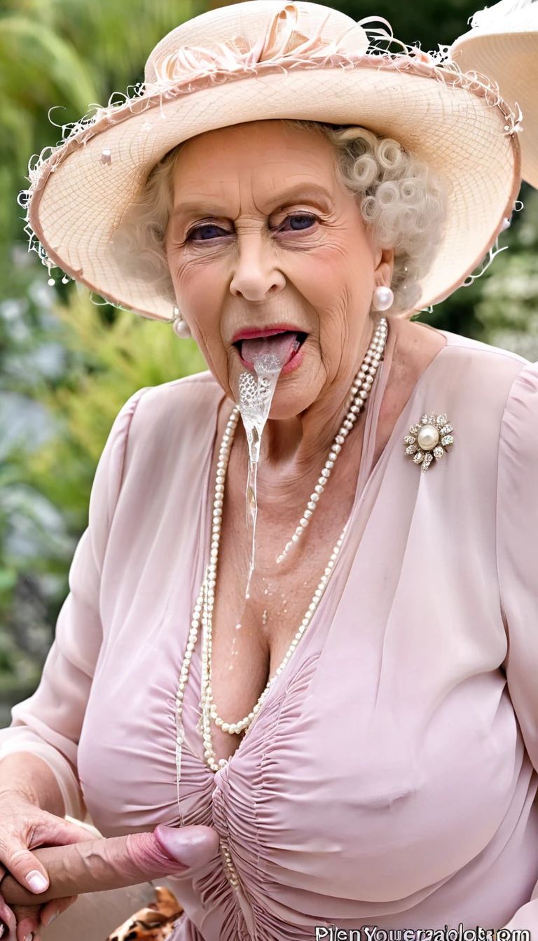 ((head grab)), (((look at viewer))), (penis cum:1.5), (deepthroat), queen elizabeth 90yo sucking penis, cleavage, (gigantic saggy breast:1.3), (in elegant color-coordinated chiffon summer outfits:1.3), (hat and pearls)
