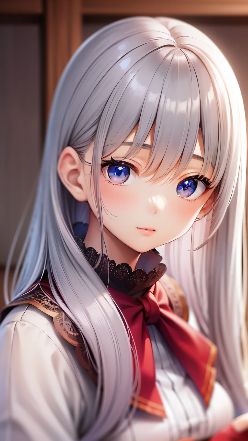 ((Detailed face, Cute Face)), (彼女は白い刺繍の入った長いスカートをyesている, Red blouse with lace, A white apron is tied around her waist, Blue socks, Brown leather shoes, She has a blue scarf wrapped around her head. yes, Her accessories include necklaces., Earrings, bracelet. 1 person)), Ultra-high resolution, (Realistic: 1.4), RAW Photos, Highest quality, (PhotoRealistic Stick), concentrated, Soft Light, ((15 years old)), ((Shiny platinum blonde silky super long straight hair, beautiful shiny bangs, Big clear sky blue eyes, Very beautiful bright eye highlights )), (( (Young Face))), (surface), (Depth of written boundary), masterpiece, (Realistic), woman, bangs, ((1 person))