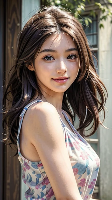 (In 8K、RAW shooting、Highest quality、Masseter region:1.2)、Very detailedな、Ultra-high resolution、(Realistic、Realistic photos:1.37)、Portraiture、High-resolution RAW color photos、Professional photography、hVery detailed and beautiful、Very detailed、8k wallpaper、Very detailedな、Large file size、Official Art、HVery detailed CG Unity 8K wallpapers、hVery detailed beautiful girl、Very detailed顔、Very detailed目、Very detailed皮膚、Very detailed指、hVery detailed nose、Very detailed詳細な口、Perfect Anatomy、Detailed Background、Detailed clothing、1 person、(20:1.2)、20th Generation、cute、Realistic body、((masterpiece, Highest quality, Highest quality, Official Art, beautifully、beautiful:1.2)),((masterpiece)),((Vibrant colors)),((Ayako Katagiri)),((Mischievous smile)),((smile)),((looks fun)),(((Tank top)))