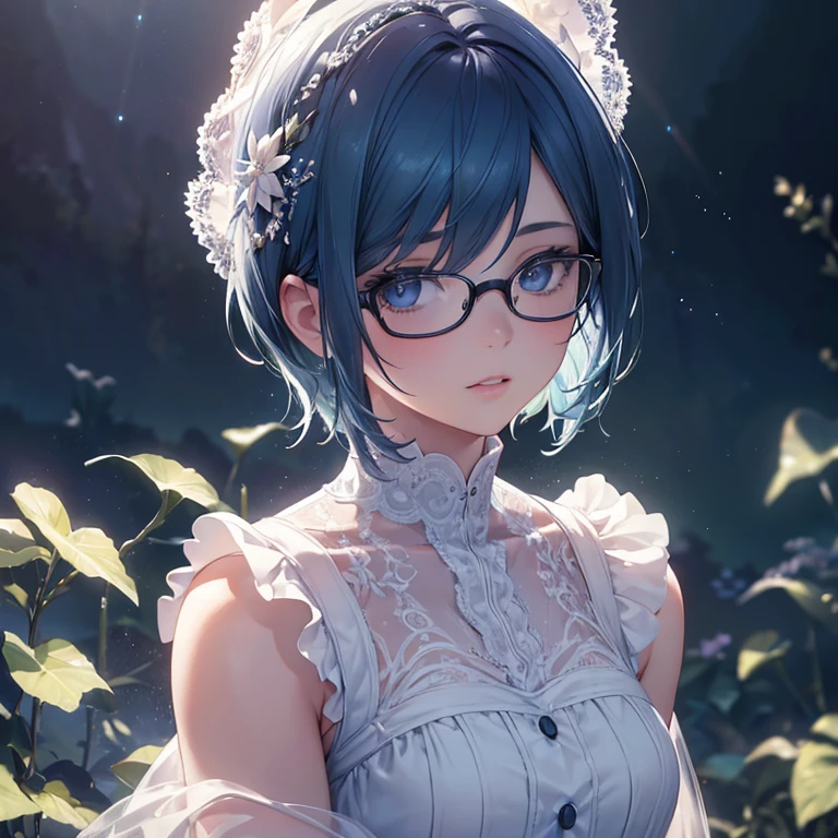 Beautifully detailed eyes, Beautifully detailed lips, Extremely detailed eyes and face, Long eyelashes, White dress, Wearing glasses, Blue hair, Short hair, Girl turning around with her back to face, Girl hiding her right arm behind her back, Atmospheric lighting, Detailed foliage, Vibrant colors, (Highest quality, 4k, 8k, High resolution, Masterpiece: 1.2), Ultra detailed, (Realistic, Photorealistic, Photorealistic: 1.37), Complex background, Dreamy atmosphere, Cinematic lighting