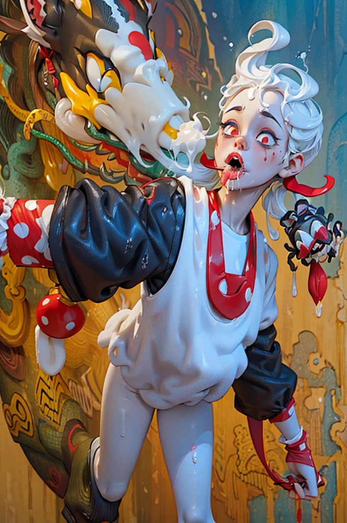 (((Foamy  in the mouth、Mouth wide open、Drooling))),(Midnight Amusement Park),((Horror taste))、A clown looking up at the sky alone.、Sad expression、（（Full body portrait））、He's holding a bloodstained knife.、Anime-style illustrations、Very revealing clothing
