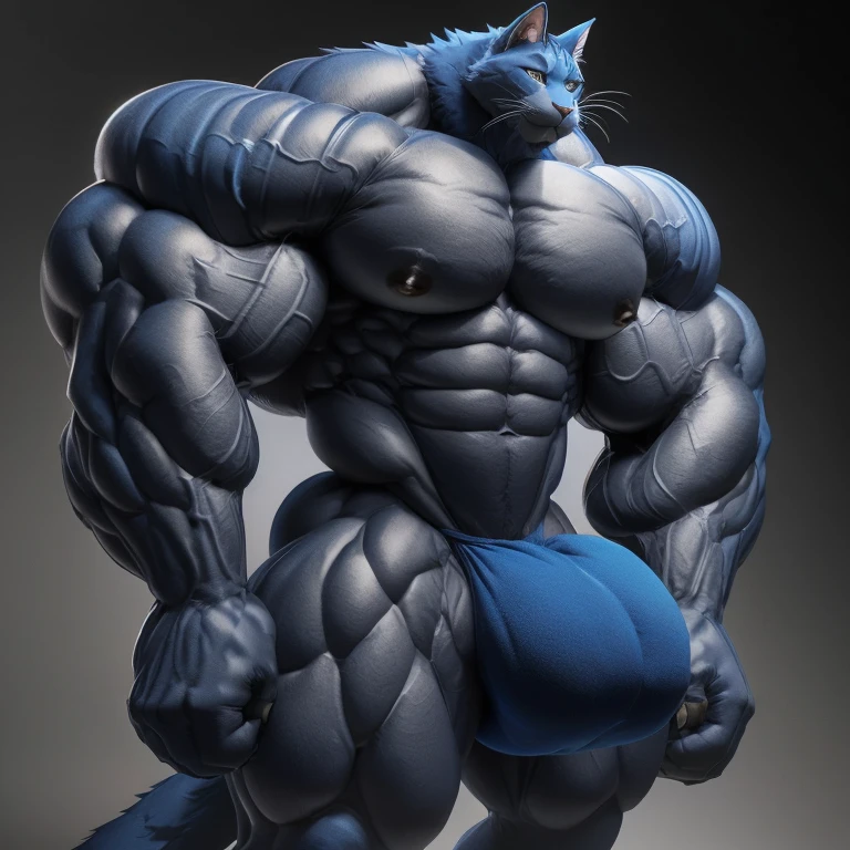 hyper growth, hyper muscles, Bulge, furry growth, A furry man, blue cat, shirtless, exaggeratedly huge and muscular, on a gray background
