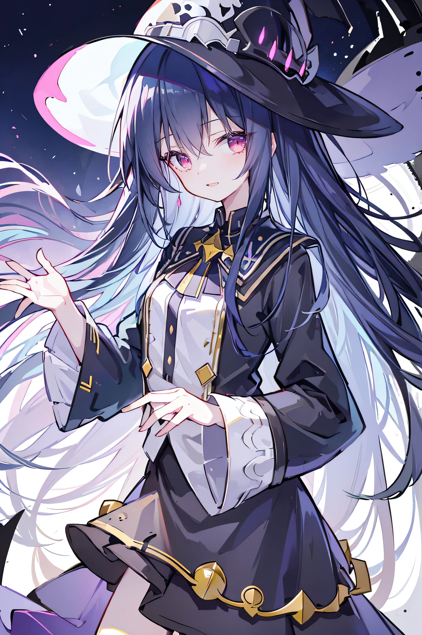 oung Girls,Humanity,A magician always smiles,big witch hat,cute,dark blue long hair,The eyes are dull,The bangs are heavy,Thin eyebrows,fantasy,intake,Double teeth,Star Theme,Constellation pattern,Solid color clothetal decoration,cloak,A bit of a dark atmosphere,A little crazy smile,When the big moon shines outside at night,blood,Hair black star embellishment,Short tie,No nails,High waist skirt,Bell sleeves,Long-sleeved shirt,Black tie,low risk,gentlemen。Mist、Yellow and white effect,Shocking pink as an accent color