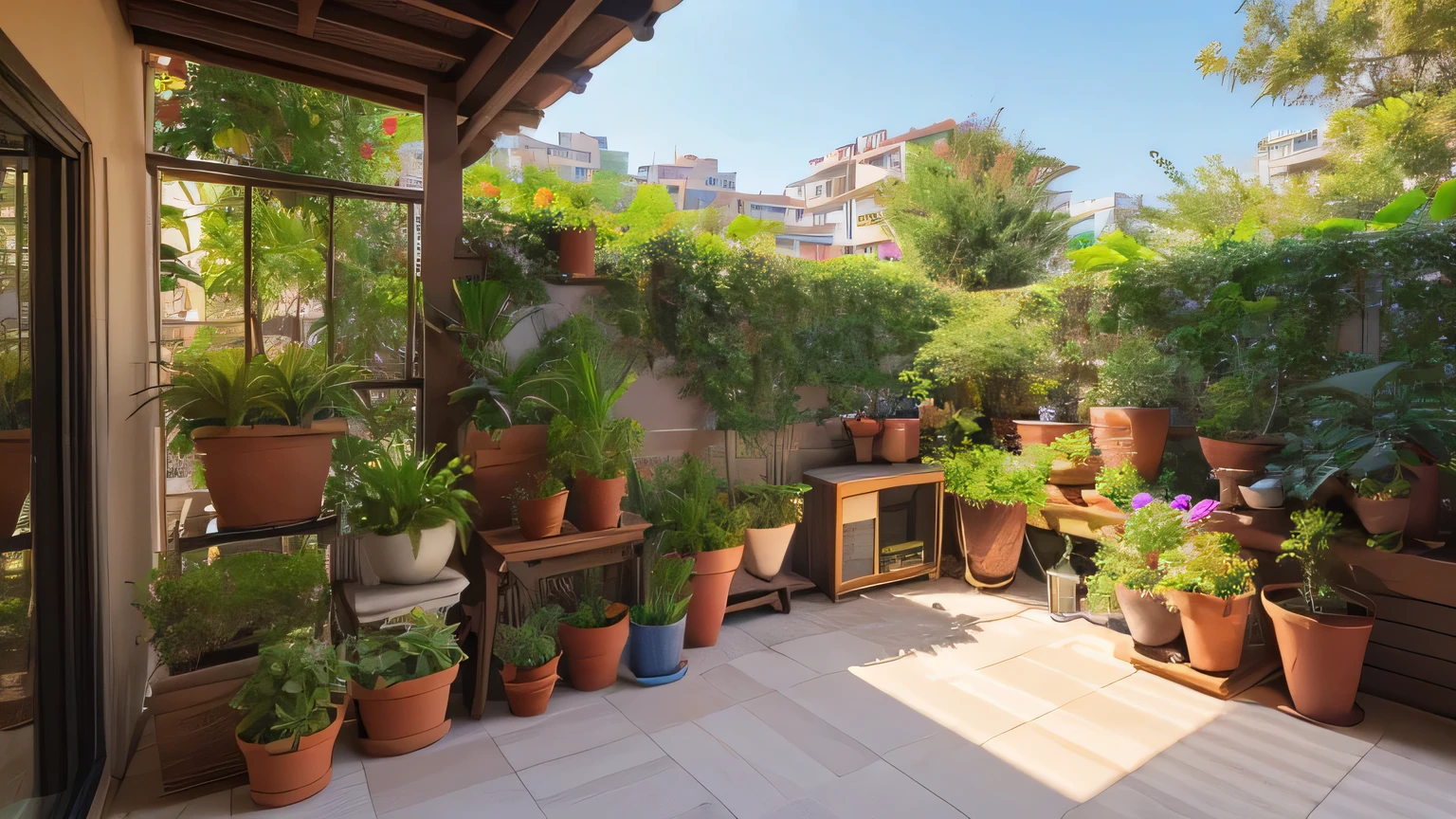 potted plants lined up on the spacious balcony,　Rising sun shining　Gentle breeze