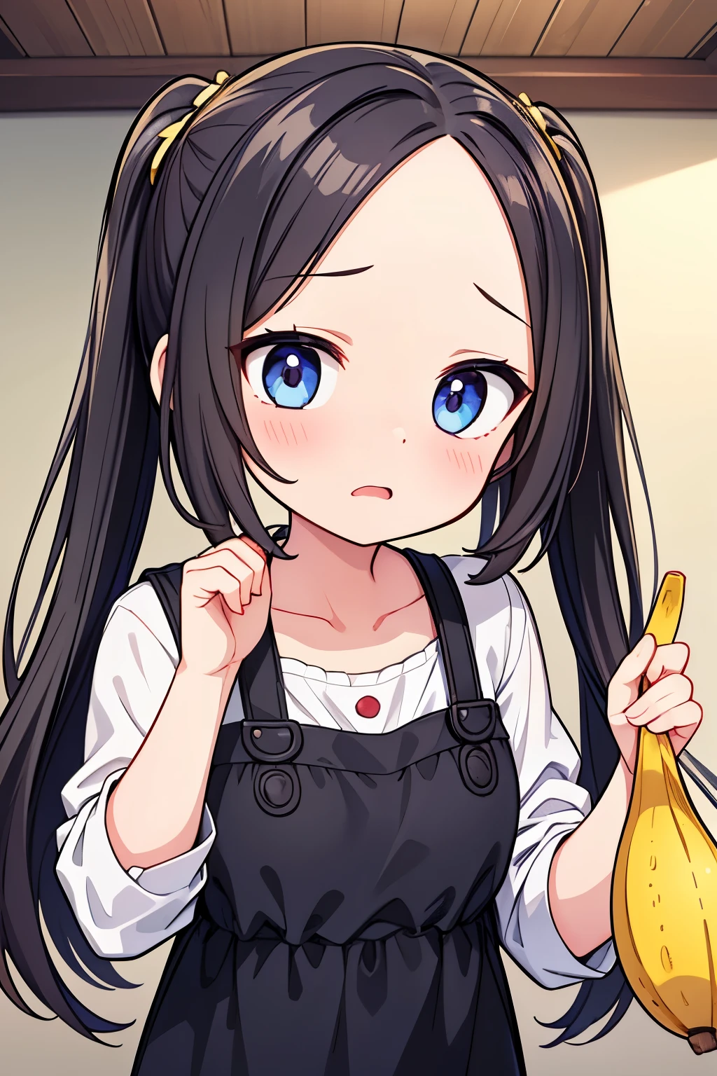 Photorealistic、(whole body、Panic face、hairpin、A hairstyle that reveals a large forehead、A hairstyle parted in the middle、A scene where someone slips on a banana peel)