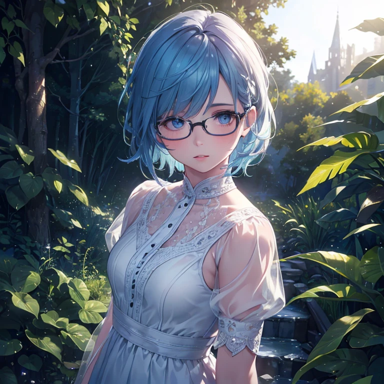 Beautifully detailed eyes, Beautifully detailed lips, Extremely detailed eyes and face, Long eyelashes, White dress, Wearing glasses, Blue hair, Short hair, Girl turning around with her back to face, Girl hiding her right arm behind her back, Atmospheric lighting, Detailed foliage, Vibrant colors, (Highest quality, 4k, 8k, High resolution, Masterpiece: 1.2), Ultra detailed, (Realistic, Photorealistic, Photorealistic: 1.37), Complex background, Dreamy atmosphere, Cinematic lighting