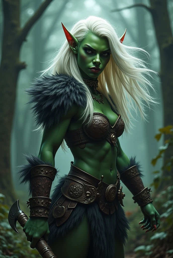 a female orc warrior, detailed muscular body, fierce expression, sharp fangs, green skin, white hair, wearing dark fur armor, holding a large battle axe, in a dark fantasy forest environment, dramatic lighting, cinematic camera angle, (best quality,4k,8k,highres,masterpiece:1.2),ultra-detailed,(realistic,photorealistic,photo-realistic:1.37),intricate details,epic scale,dramatic atmosphere,moody colors,chiaroscuro lighting