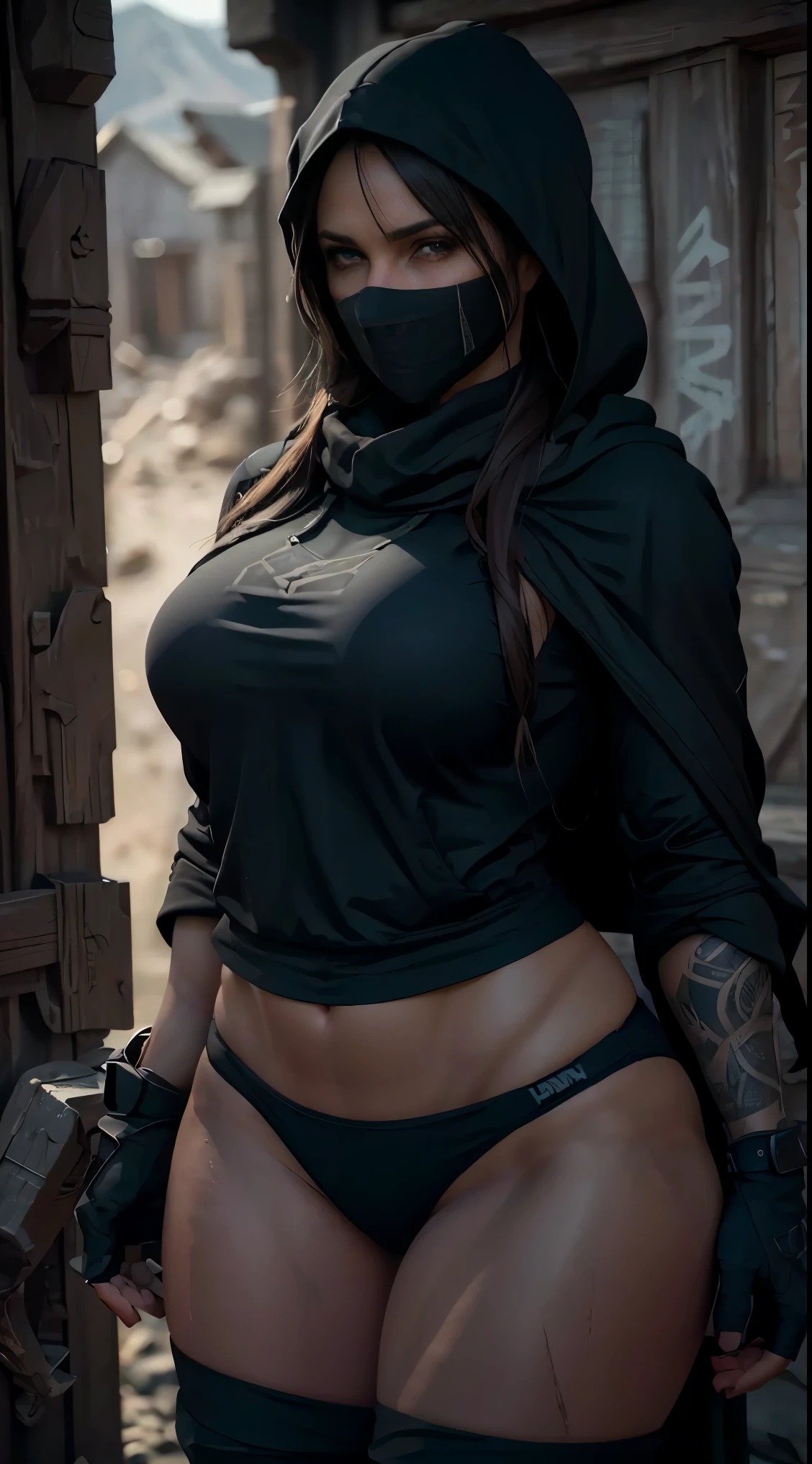 beautiful sexy woman with large breasts, muscular athletic body, tactical sunglasses, military scarf and cap, cinematic lighting, highly detailed, photorealistic, 8k, (best quality,4k,8k,highres,masterpiece:1.2),ultra-detailed,(realistic,photorealistic,photo-realistic:1.37),dark moody color palette,dramatic shadows,gritty military styleA sexy woman with big breasts, athletic body, thick thighs, black bikini, black hooded cloak, black mask, boots, detailed face, beautiful eyes, full lips, long eyelashes, masterpiece, photorealistic, high quality, 8k, extremely detailed, hyperrealistic, cinematic lighting, dramatic shadows, vibrant colors, dark moody atmosphere