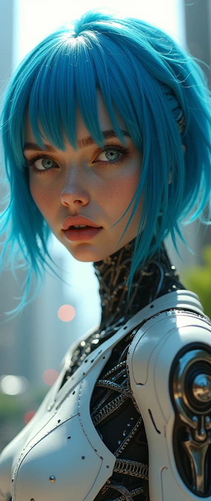 a close up of a woman with blue hair and a robot arm, portrait of a mechanical girl, beeple and jeremiah ketner, beautiful digital artwork, 4k highly detailed digital art, gorgeous digital art, karol bak uhd, greg beeple, stunning digital art, anime robotic mixed with organic, cyborg girl, robot girl, blue cyborg