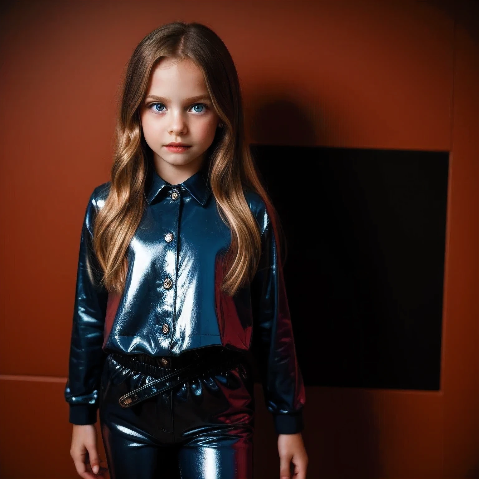 9 years old vampire, dark blue eyes and long blonde hair down to the waist, black with red clothes, shiny thighs, fundo studio