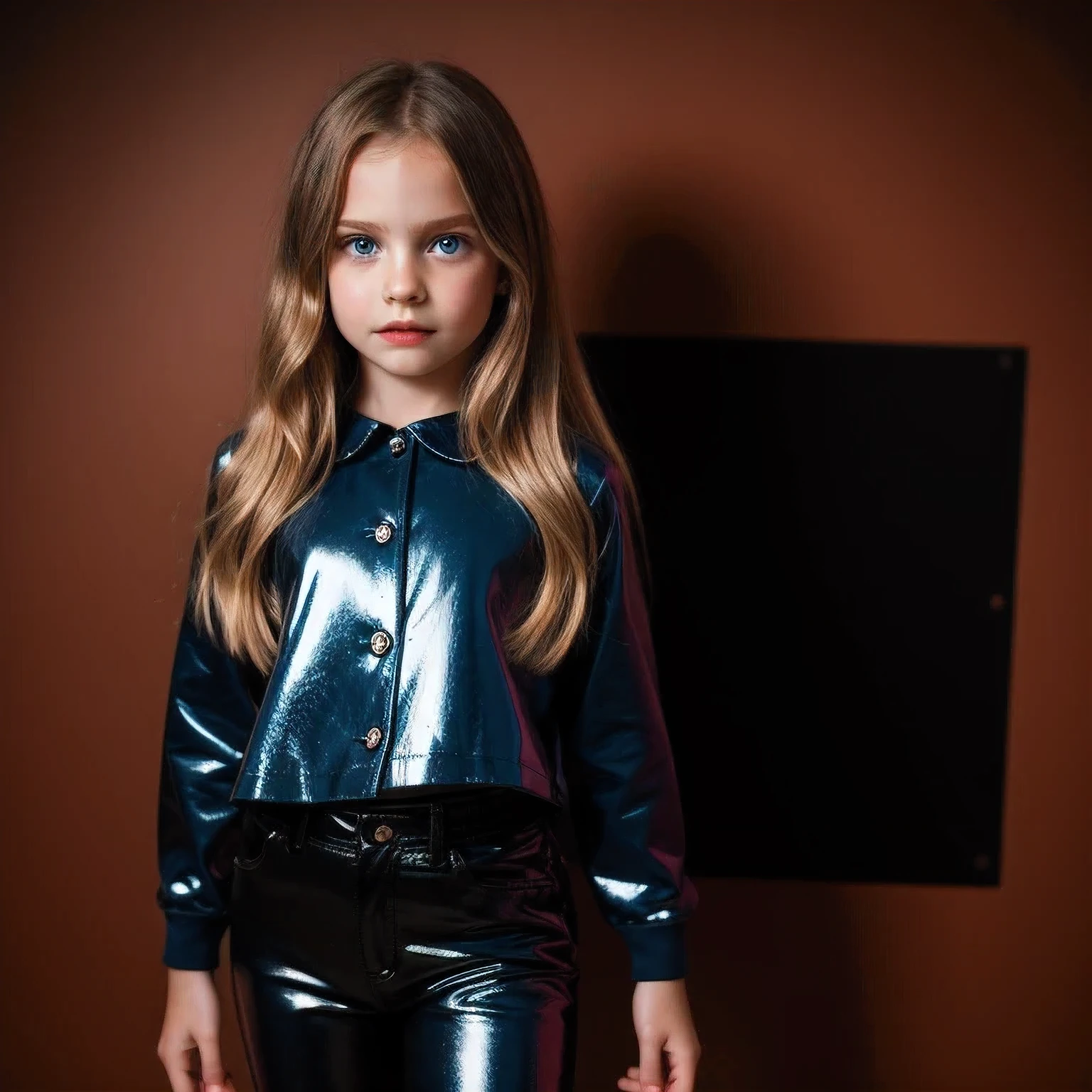 9 years old vampire, dark blue eyes and long blonde hair down to the waist, black with red clothes, shiny thighs, fundo studio