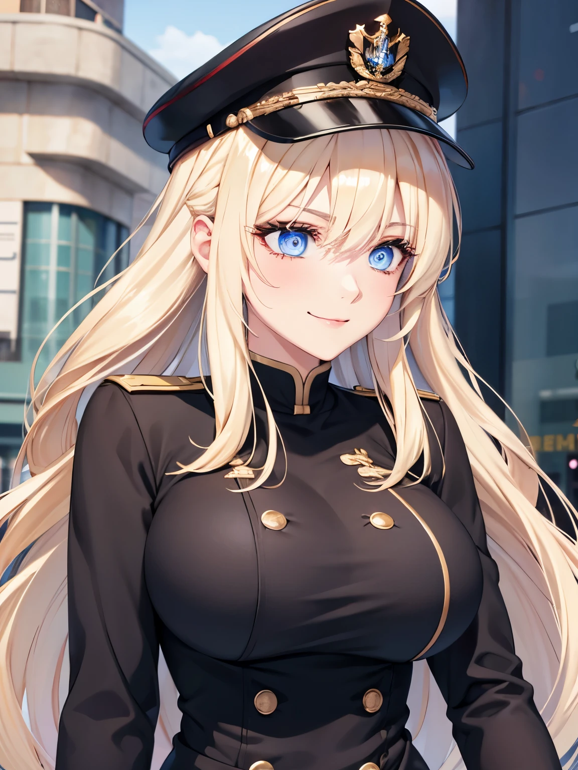 1woman,walking,blue eyes,smile,Beautiful makeup, long eyelashes,stunning,half body photo, looking away,very detailed face,cute,,HD face, perfect face,Black army uniform, black army hat,,very big breasts,Blonde hair,blonde hair,blonde,bangs,long hair, straight hair,ultra detail,ultra Hd, masterpiece,4k
