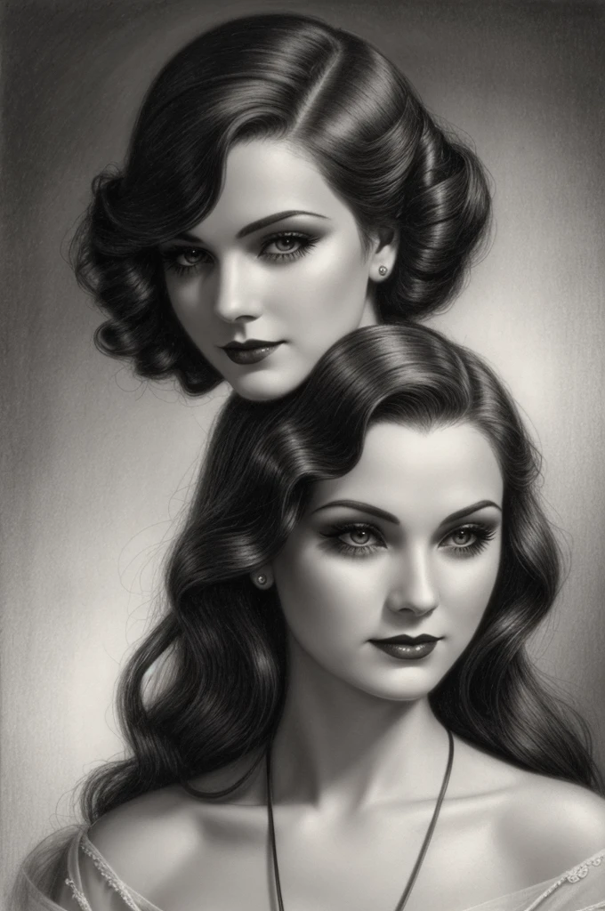 pencil drawing portrait of a classy vampire lady, wistful expression, 1930s fashion