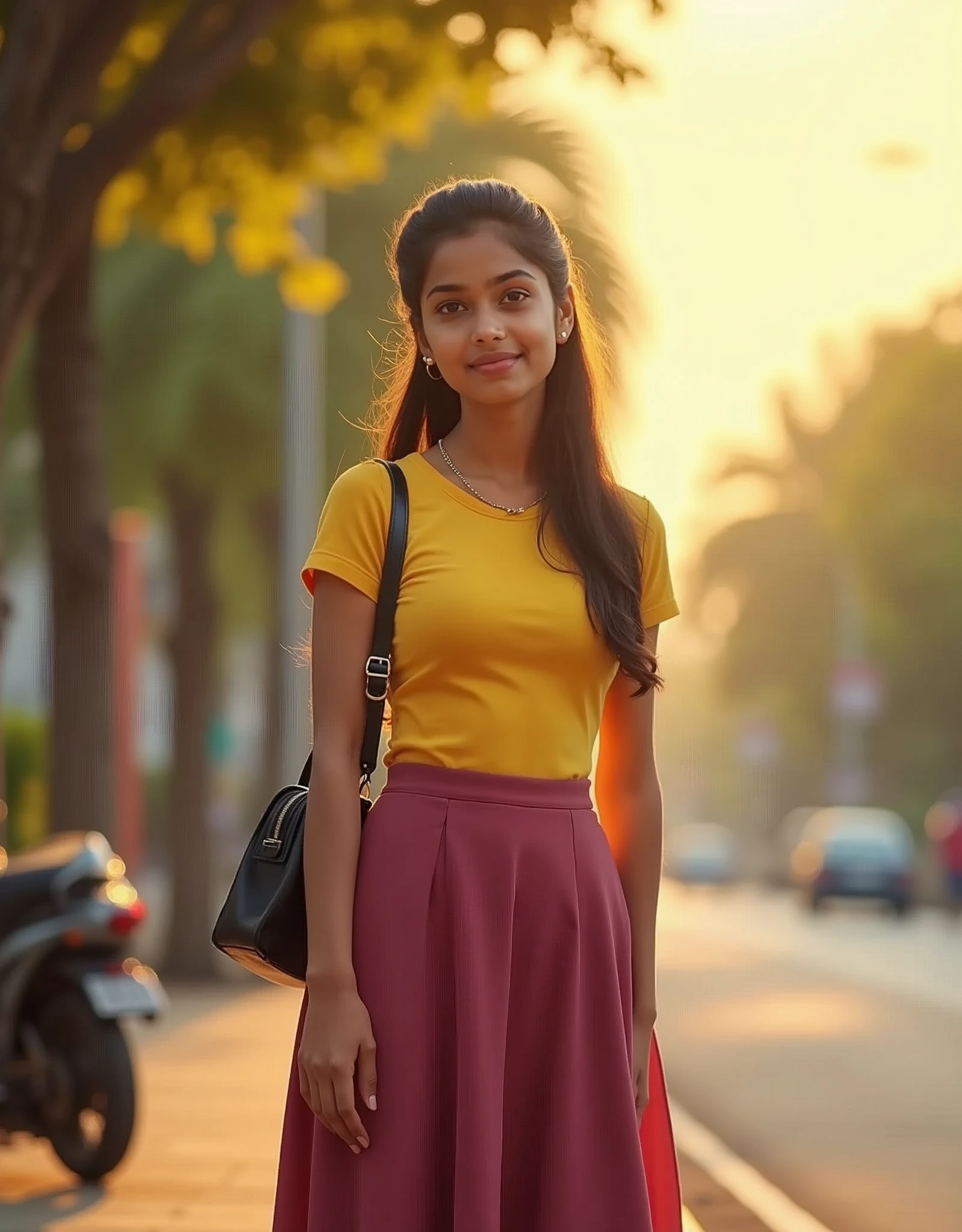 28 year old Tamil girl, standing in the bus stop, beautiful detailed face, eyes symmetry, face symmetry, glowing eyes, slight smirk:0.6, (tight yellow t-shirt), (dark pink long skirt), (black high heels), pony tail, shoulder bag, morning clear sky, morning sunrays scattered around the place, HDR, hyper realistic