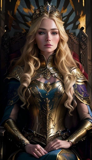 A woman in a golden dress sits on a throne, Portrait of Emily Blunt as Queen, Cate Blanchett as a medieval queen, Blonde Elven Empress, Portrait of Megan Fox as Queen, very beautiful elven top model, like a medieval fantasy character, a portrait of Cersei Lannister sitting, Portrait of the Elf Queen, Elisha Cuthbert as D&A Paladin