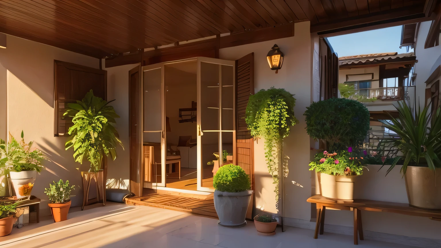 potted plants lined up on the spacious balcony, Rising sun shining Gentle breeze