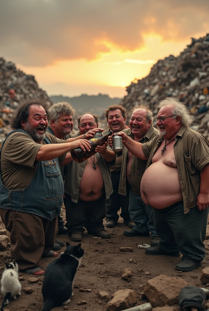 An orgy of very fat old drunkards in the garbage dump