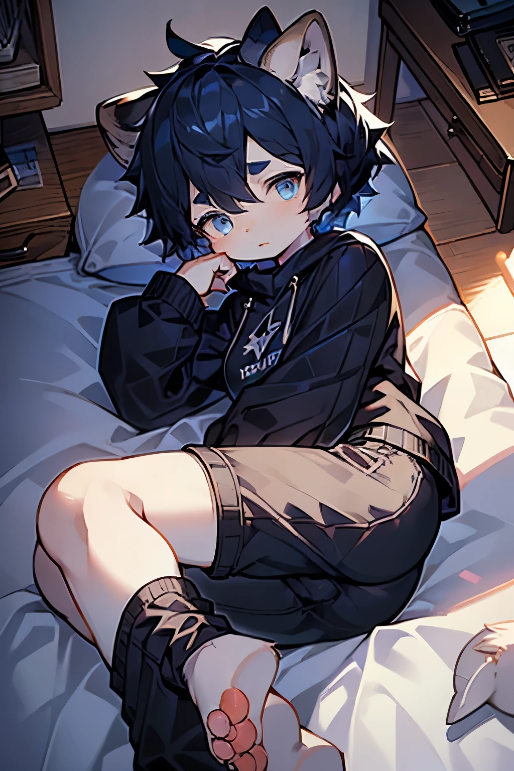 (Pixel Art: 1.2), Beautiful gothic woman, goth girl, Designer sweatshirt jacket with logo, Pants, Black short hair,Blue hair ends, bedroom, Lying in bed, (