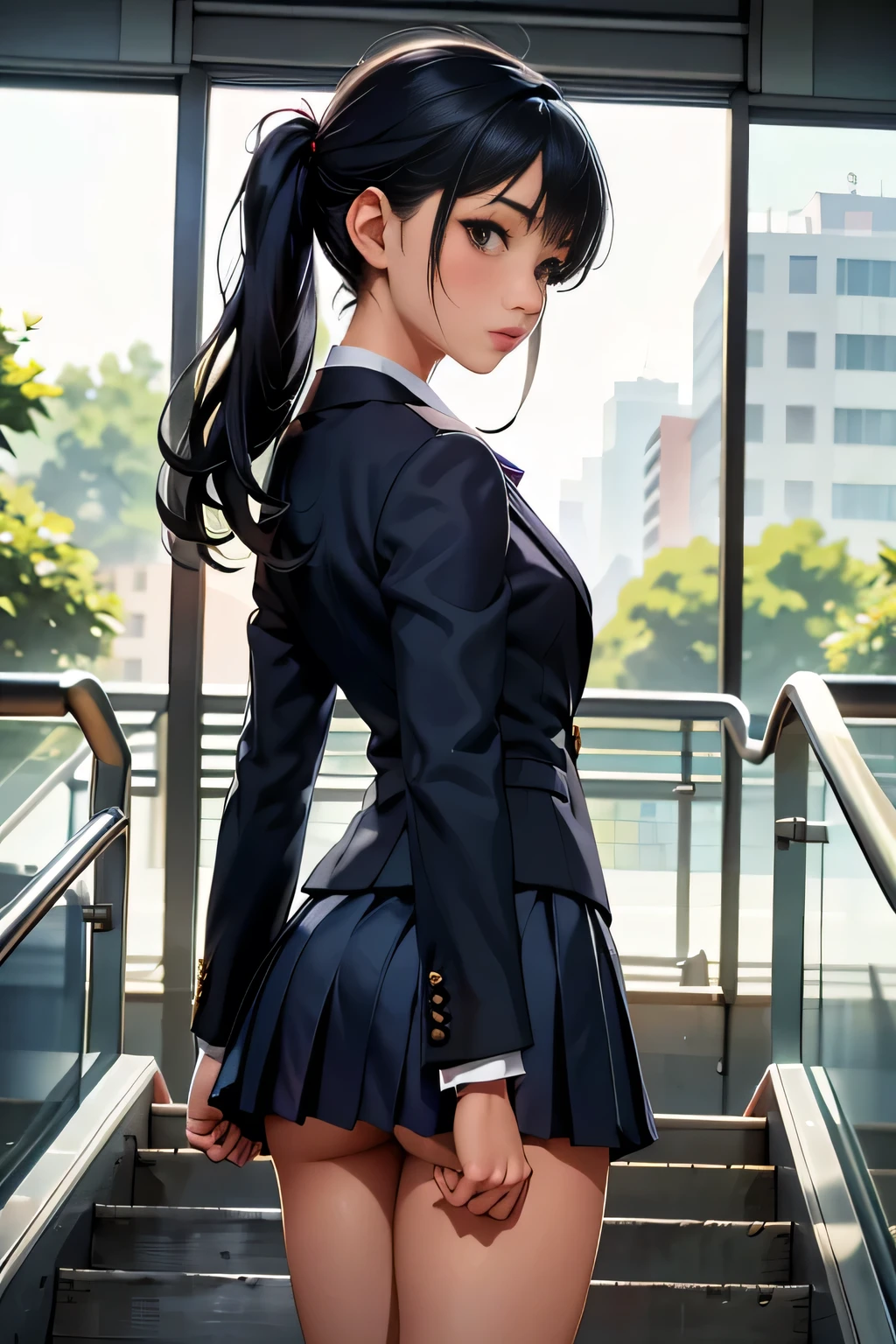 ((Highest quality)), ((masterpiece)), (Familiar), A high school girl riding an escalator on her way to school、Glare、Navy Blazer、mini skirt、Navy blue socks、Rear view、Secret photos、(View from directly below)、Navy blue socksのクローズアップ、mangaコマ割り、Manga style、manga、Station Escalator、Everybody line up on the left、顔のみのコマとRear viewのコマ