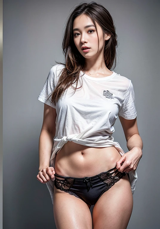 A boldly composed photograph of a Japanese woman that looks like it was taken by a famous artistic photographer, (((Blockbuster art photography)), (8k, Highest quality). A stunning composition using a model with excellent proportions. Perfect beauty model with a confident and balanced appearance, ((Highest quality質)), ((masterpiece)), (Familiar:1.4), ((Highest quality質のリアルな写真)), ((Shot with Hasselblad)), ((Best photo quality)), Beautiful womanの画像,Super Resolution,Slim and perfectly proportioned, Beautiful woman, ((Highest quality質, 8k, masterpiece: 1.3)), Beautiful woman, 1 female, Slim figure: 1.1, Perfect beauty, 20-year-old, (Realistic: 1.4), Ahegao, Shining Sweat, thin, Art photo composition with space around the woman, See through, (((Studio shot))), (((The background is only gray and there is nothing.))), Full body photo, Anatomically correct hand, Anatomically correct legs, anatomically correct whole body, Marble room, White T-shirt and hot pants. Cowboy Shot, Holding your crotch with your hand、