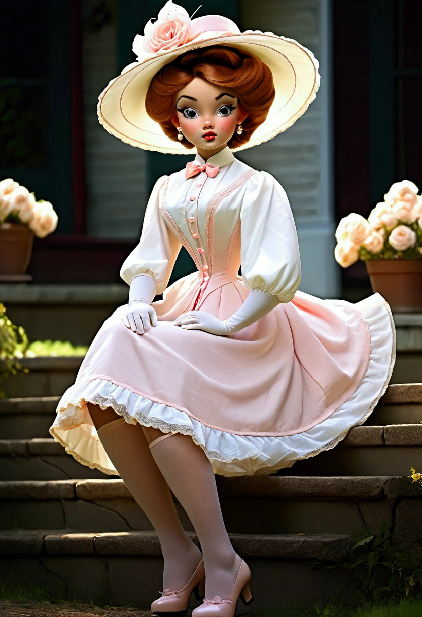 Lola Loud as an attractive **** Southern belle. Upper-class airhead. Seducing a horny 69yo gentleman, lifting her skirts. Year 1901. Pink high-collar long sleeve 1900_dr3ss. ((Wide-brimmed hat)). 6-inch wasp waist. Bubble butt sticking out. High-waisted ruffled ((bloomers. Petticoats. Thigh-high silk stockings. Boots)). Gorgeous face, porcelain skin. Full body, realistic, detailed