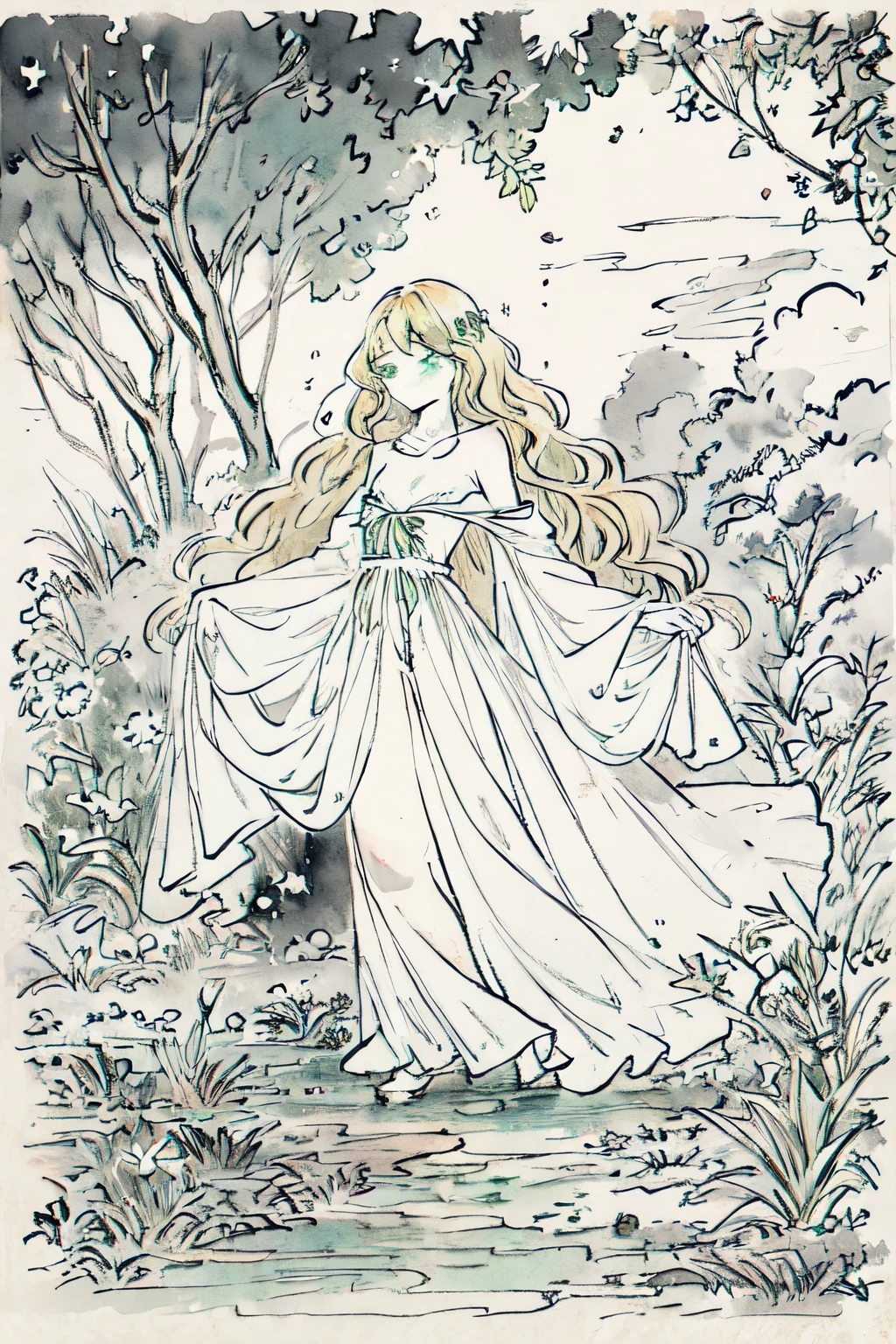 software,Tabletop, Highest quality, High resolution, One Girl, whole body, Details Girl, Hands on the details, Finger details, Detailed aspect, Leg Details, One Girl, Fairy, Looking down, garden, Black Sky, smog, Watercolor, Pale skin, , Blonde, Long Hair, Wavy Hair, Sad, Sad smile, Green Eyes, puppet, Medium chest, White sundress, Bare back, Kneel, Planting trees