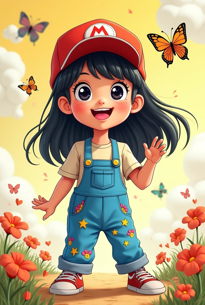 Cartoon drawing of a girl with black hair, wearing overalls and a red cap