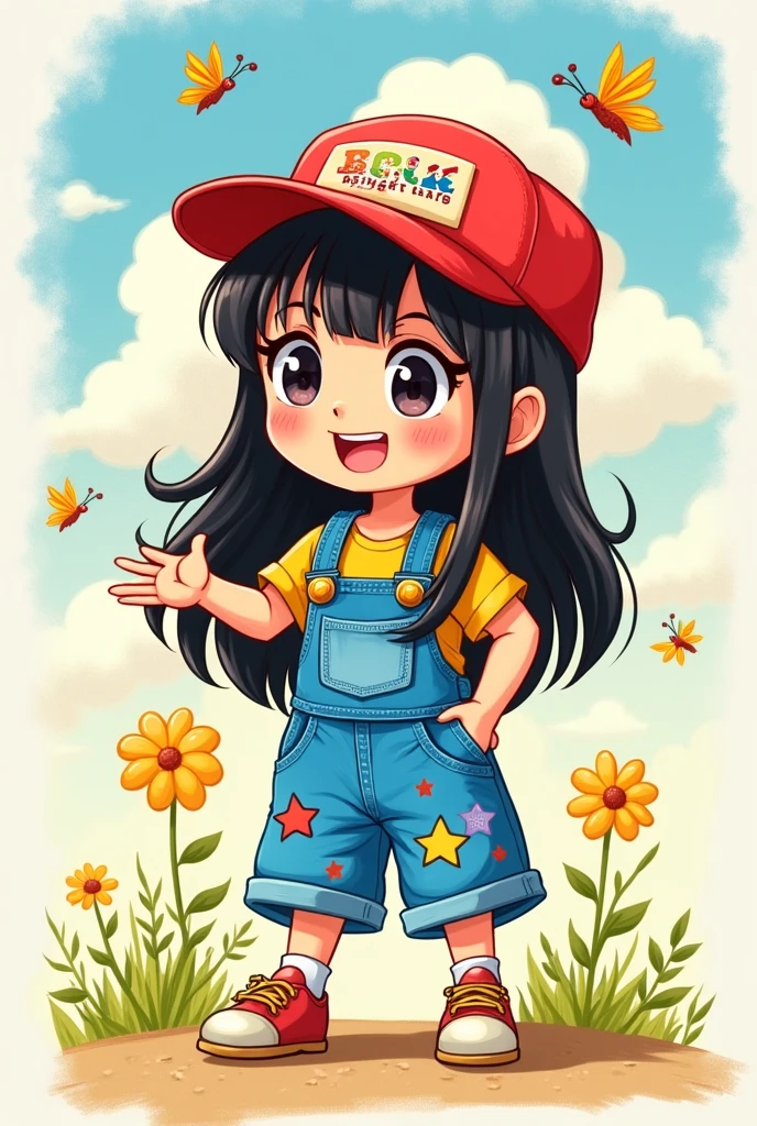 Cartoon drawing of a girl with black hair, wearing overalls and a red cap