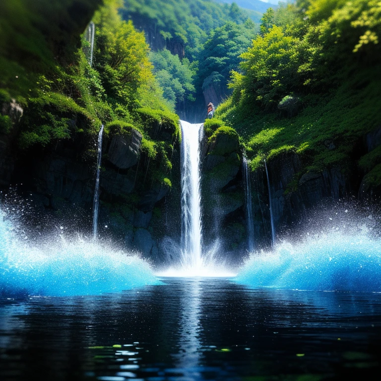 Waterfall conveys four adventurers a natural fantasy landscape fabulously green, Golden ratio, Animated Detail, Gentle, QuixelMegascans trend, perfect image, Super high resolution, perfect composition, detailed, Super Color, (highly detailed skin: 1.2), 8k ultra high definition, SLR camera, soft lighting, high quality, granularity, Fujifilm XT3