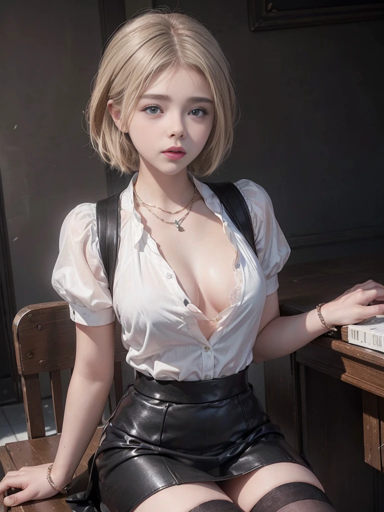 Professional full-length photo, (Best Top Quality, a high resolution, 8K masterpiece, super detailed), Chloë Grace Moretz, student, white and black uniform, latex short black skirt, black lace necklace, I look at the viewer, classroom background, sitting on the table, seductive, blushing, speak out, obscene expression 