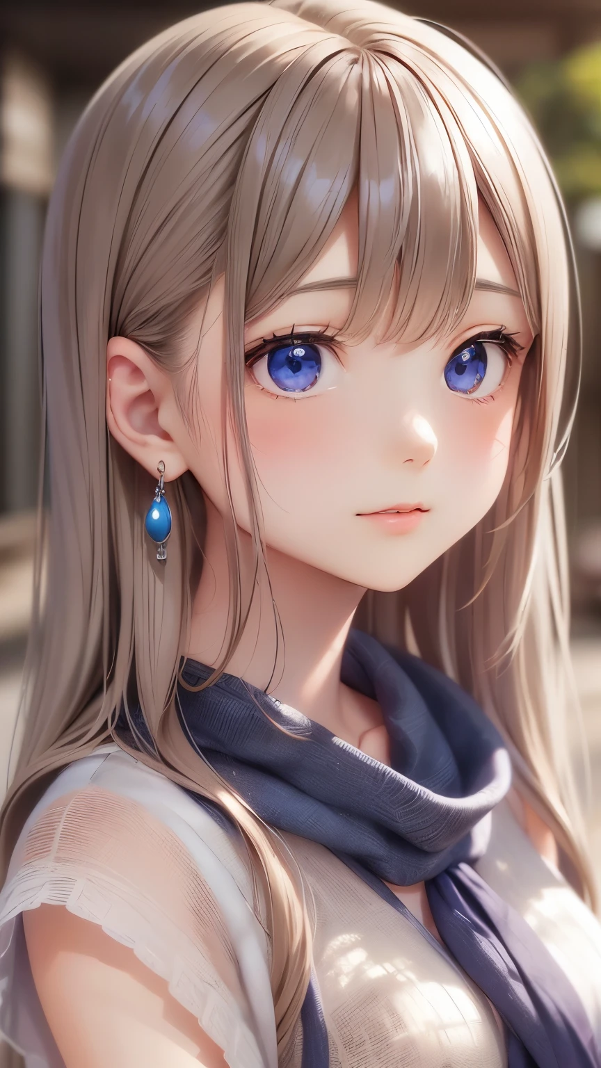 ((Detailed face, Cute Face)), (彼女は白い刺繍の入った長いスカートをyesている, Red blouse with lace, A white apron is tied around her waist, Blue socks, Brown leather shoes, She has a blue scarf wrapped around her head. yes, Her accessories include necklaces., Earrings, bracelet. 1 person)), Ultra-high resolution, (Realistic: 1.4), RAW Photos, Highest quality, (PhotoRealistic Stick), concentrated, Soft Light, ((15 years old)), ((Shiny platinum blonde silky super long straight hair, beautiful shiny bangs, Big clear sky blue eyes, Very beautiful bright eye highlights )), (( (Young Face))), (surface), (Depth of written boundary), masterpiece, (Realistic), woman, bangs, ((1 person))