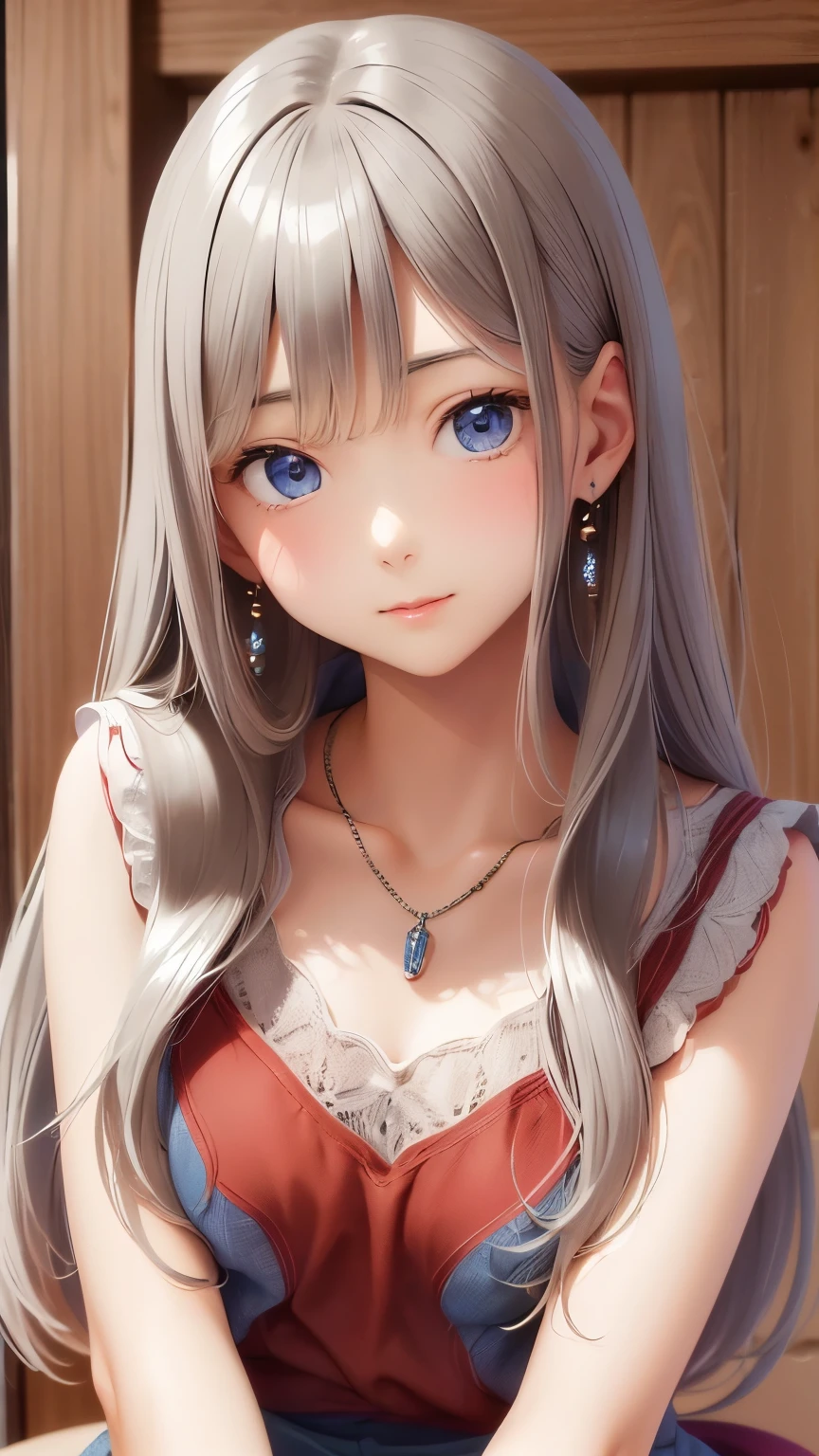 ((Detailed face, Cute Face)), (彼女は白い刺繍の入った長いスカートをyesている, Red blouse with lace, A white apron is tied around her waist, Blue socks, Brown leather shoes, She has a blue scarf wrapped around her head. yes, Her accessories include necklaces., Earrings, bracelet. 1 person)), Ultra-high resolution, (Realistic: 1.4), RAW Photos, Highest quality, (PhotoRealistic Stick), concentrated, Soft Light, (()), ((Shiny platinum blonde silky super long straight hair, beautiful shiny bangs, Big clear sky blue eyes, Very beautiful bright eye highlights )), (( (Young Face))), (surface), (Depth of written boundary), masterpiece, (Realistic), woman, bangs, ((1 person))
