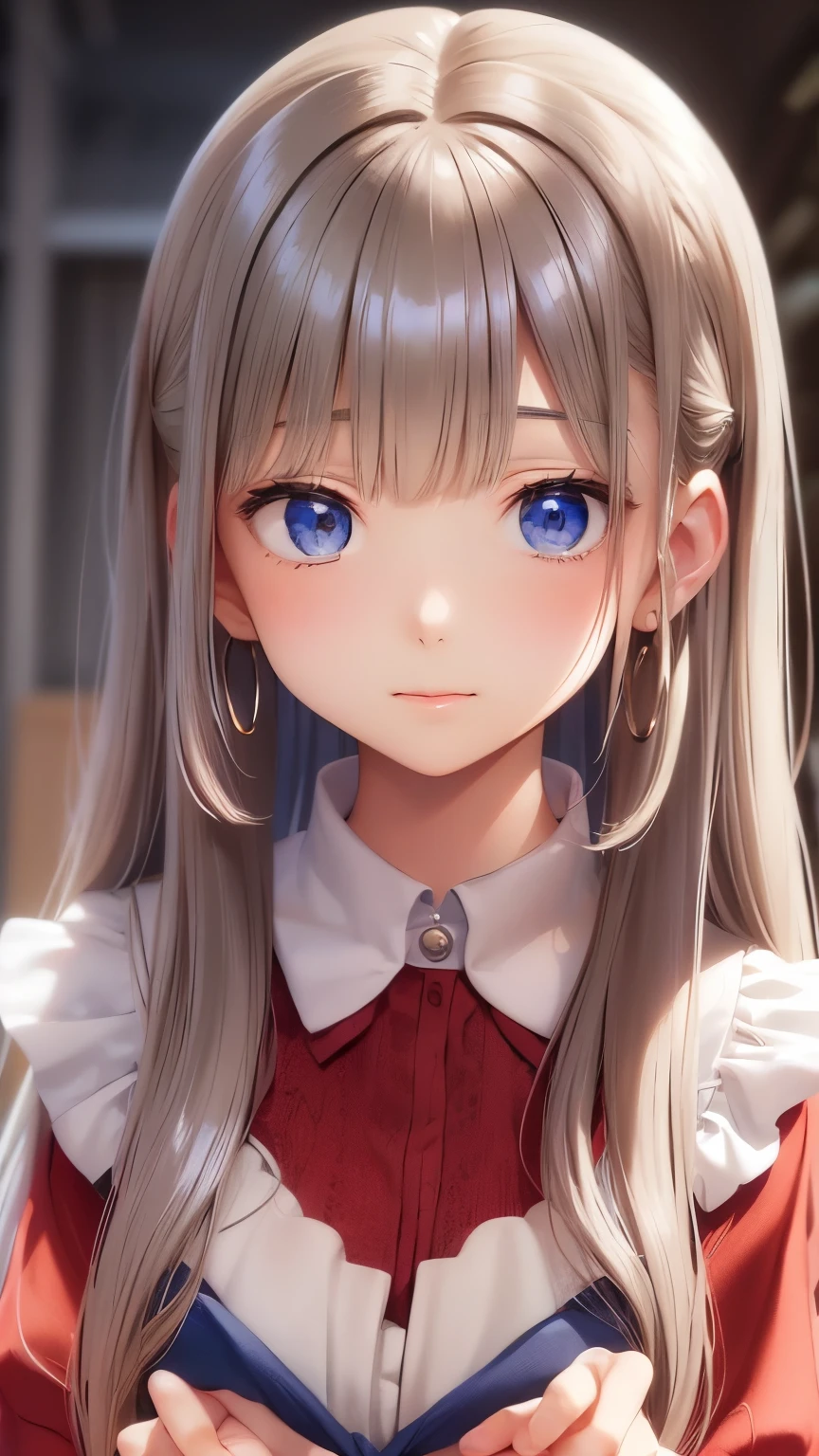 ((Detailed face, Cute Face)), (彼女は白い刺繍の入った長いスカートをyesている, Red blouse with lace, A white apron is tied around her waist, Blue socks, Brown leather shoes, She has a blue scarf wrapped around her head. yes, Her accessories include necklaces., Earrings, bracelet. 1 person)), Ultra-high resolution, (Realistic: 1.4), RAW Photos, Highest quality, (PhotoRealistic Stick), concentrated, Soft Light, (()), ((Shiny platinum blonde silky super long straight hair, beautiful shiny bangs, Big clear sky blue eyes, Very beautiful bright eye highlights )), (( (Young Face))), (surface), (Depth of written boundary), masterpiece, (Realistic), woman, bangs, ((1 person))