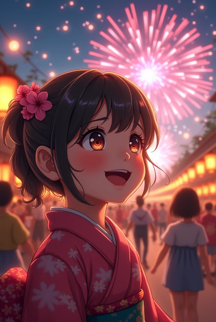 ((highest quality)) a cute girl looking at colorful fireworks in a night summer festival in a kimono with blurry people around her