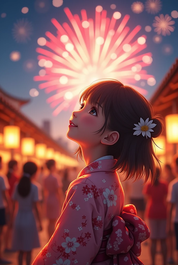 ((highest quality)) a cute girl looking at colorful fireworks in a night summer festival in a kimono with blurry people around her