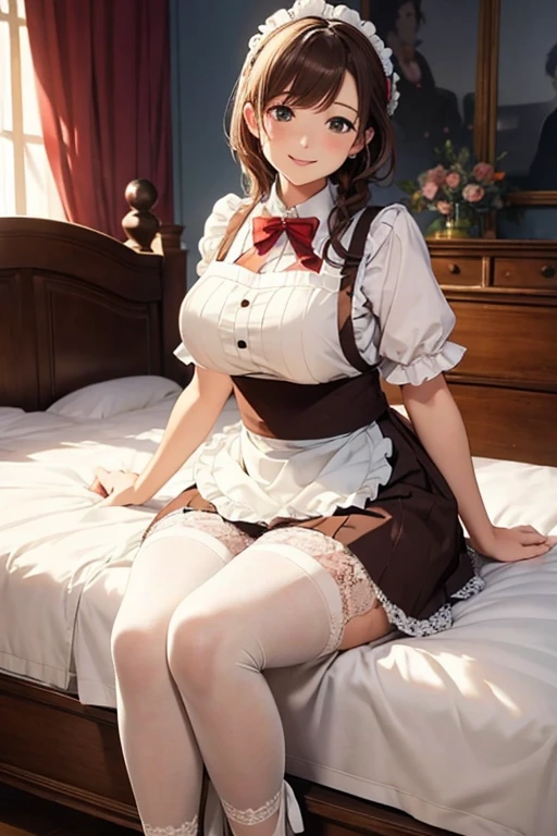 Highest quality, masterpiece, mamako_oosuki,milf,Mother，Large Breasts, Plump thighs，Lace Apron，Long skirt，smile, Bedroom，Brown Hair, French style braid, Lace pants，Sit on the bed，Overlooking, 