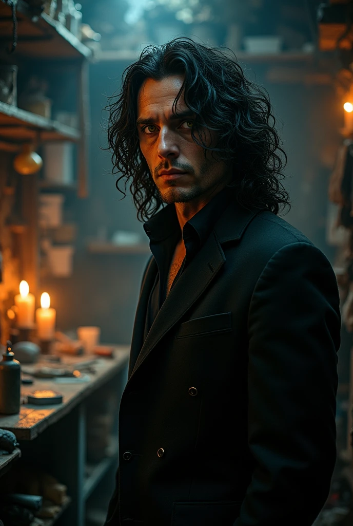 A man with long curly hair, yellow eyes, Scissor hands, and a scar on the face