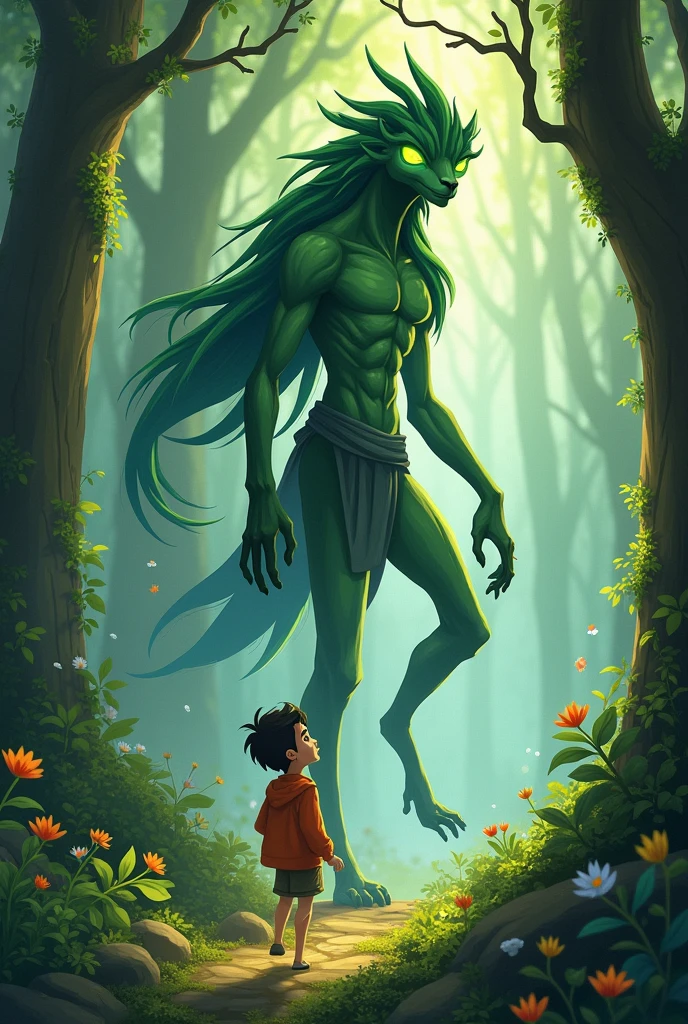 "The Guardian of the Forest, a tall creature with glowing eyes, emerges from the mist and warns Arjun about the dangers."
Prompt: A towering, mystical creature with glowing eyes emerges from a thick mist in the forest, towering over Arjun. The creature has an otherworldly appearance, blending with the surrounding fog.please create cartoon image