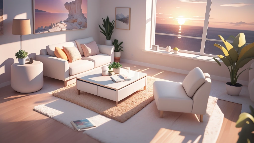 Live Room,sofa,Body pillow,Painting,Decoration,terrazzo,The Sunset Sun,landscape,Inside the room,4K,masterpiece,High resolution,Very complicated)(Realistically:1.4),3D Clay Rendering,White background,C4D