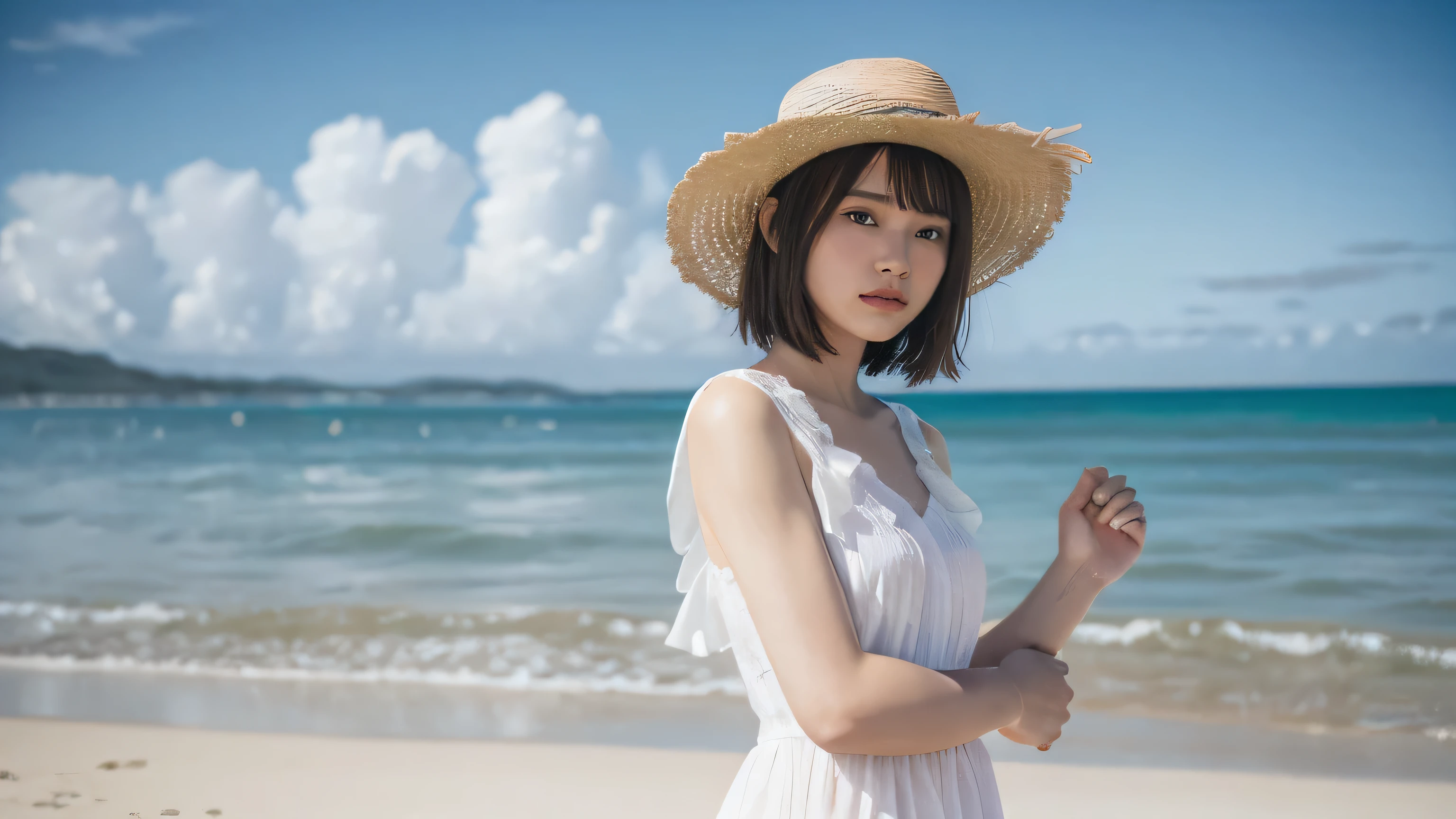 Highest quality,masterpiece,(Realistic:1.4),RAW Photos,(Real skin texture_1.3),One person,alone,bangs,short hair,Wearing a dress、She is holding her clothes with both hands, revealing a glimpse of her pants.、The background is the sea、Wearing a straw hat、The whole body is visible