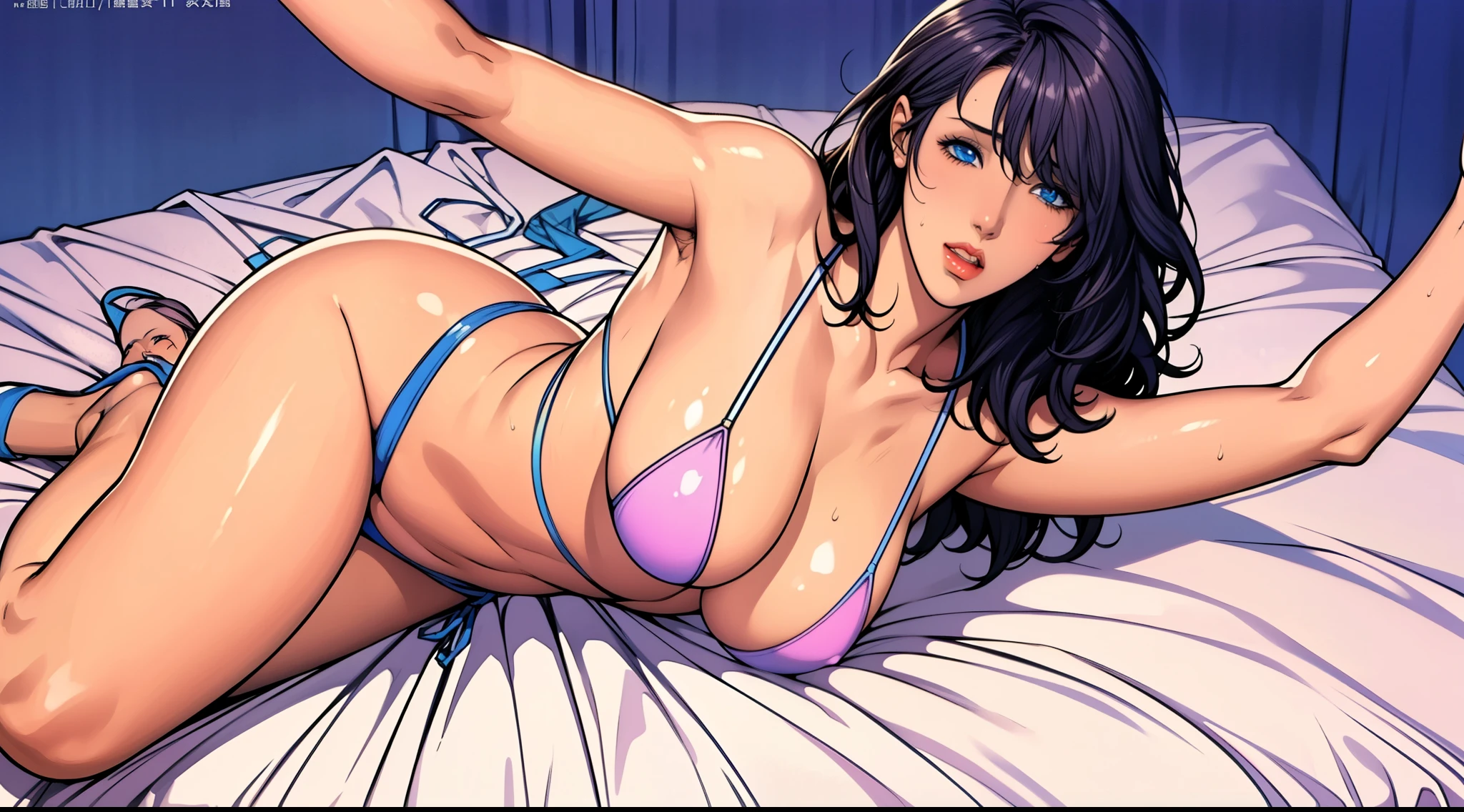 (8ก, 最high quality: 1.2), Very detailed, Complete solution, (Realistic, Realistic photo: 1.5), Portraiture, High resolution RAW color photograph, High resolution and beautiful, High resolution, 8ก Image Wallpaper, Amazing details, Large file size, Very detailed美しい女性, Very detailed face, (Super detailed and super beautiful blue eyes:1.8), Looking at me with an upturned gaze, Glare, Sharp Eyes, Expressive crimson lips, Thin and small lips, Small and sharp nose, Refreshing cheeks, The background is not blurred, One Story, 28 year old adult woman, Realistic、 (Movie Scenes,Fantasy art,最high quality,high quality,High resolution,high qualityの質感,Attention to detail,Beautiful details,Fine details,Very detailedCG,Detailed Texture,Realistic representation of face,To avoid shortening the torso,before,dynamic,bold),Shooting from the side of the bed,1 Girl,Very detailed肌,Small face,curve,Long limbs,(Black Ultra Micro High Leg Bikini :1.8),(Lying face down on the bed:1.8),(Rope Bondage:1.6),((The string of the bikini on the back is loose:1.8)),((Raise your arms above your head:1.8)),(From the back, the curve of the hips),Humiliating pose, ((Lying in bed)),(Pressed down on the stomach, the overflowing side breasts:1.4),((Beautiful breasts,Large Breasts:1.8)),Pale skin,Pointed Chest,(Very fine hairs),(Very soft hair),Long hair with volume,(((Voluminous hair with waves that reach down to the buttocks.))),Long, slicked bangs,Very light coppery amber hair,(Hair on one eye:1.5),(Open your mouth:1.2),Sensual look,Provocative look,(Blushing),Angry,Mature Woman,Detailed fingers, Perfect hands, Length 180cm,(Small face),sweating,Sweat on the face,Small face,Tied up woman,(Voluptuous body),Soft and thick thighs,Sexy legs, (Beautiful and voluptuous lower body details,Big Ass 1.9),((Amazing orgasm)),Big sexy ass, ((Long and beautiful leg details)),Wearing high heels,Perfect Body Proportions,(Slim waist),(Long legs:1.6),Huge :1.1,perspective:1.2,Looking at the audience,Character-centric,symmetry diagram,whole body:1.8,From the side:1.6,Back shot