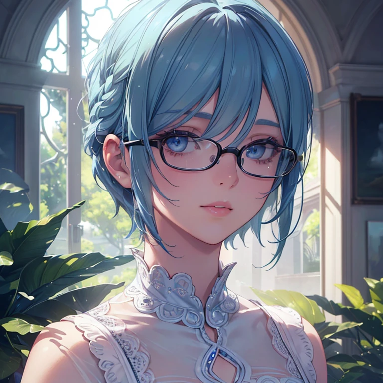 Beautifully detailed eyes, Beautifully detailed lips, Extremely detailed eyes and face, Long eyelashes, White dress, Wearing glasses, Blue hair, Short hair, Back view, Atmospheric lighting, Detailed foliage, Vivid colors, (Highest quality, 4k, 8k, High resolution, Masterpiece: 1.2), Ultra detailed, (Realistic, Photorealistic, Photorealistic: 1.37), Intricate background, Dreamy atmosphere, Cinematic lighting