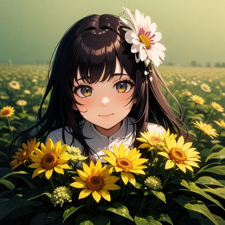 1 girl, One, masterpiece, high quality, upper body, pasture, I look at the viewer, Aisha Altugl, flower, hair flower, simple background,
