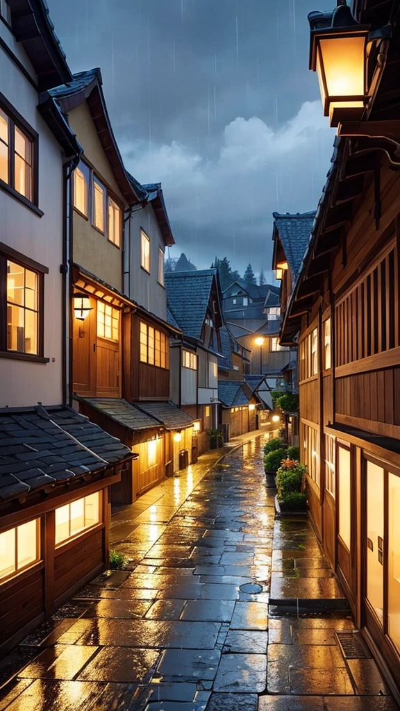 an anime-style landscape of a quaint village on a rainy day. The scene features cobblestone streets glistening with rain, colorful umbrellas held by invisible hands, and raindrops creating ripples in puddles. The village buildings are cozy and charming, with flower boxes on the windowsills. The sky is overcast, and the air has a fresh, clean feel. Include a small, picturesque café with a warm, inviting glow from its windows.