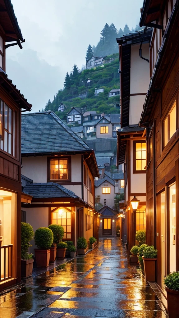 an anime-style landscape of a quaint village on a rainy day. The scene features cobblestone streets glistening with rain, colorful umbrellas held by invisible hands, and raindrops creating ripples in puddles. The village buildings are cozy and charming, with flower boxes on the windowsills. The sky is overcast, and the air has a fresh, clean feel. Include a small, picturesque café with a warm, inviting glow from its windows.