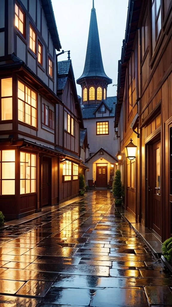 an anime-style landscape of a quaint village on a rainy day. The scene features cobblestone streets glistening with rain, colorful umbrellas held by invisible hands, and raindrops creating ripples in puddles. The village buildings are cozy and charming, with flower boxes on the windowsills. The sky is overcast, and the air has a fresh, clean feel. Include a small, picturesque café with a warm, inviting glow from its windows.