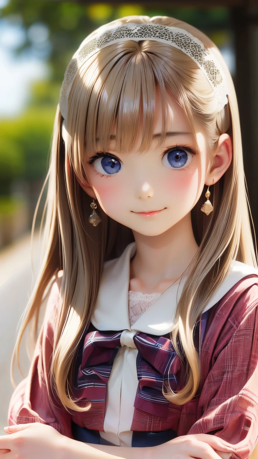 ((Detailed face, Cute Face)), (彼女は白い刺繍の入った長いスカートをyesている, Red blouse with lace, A white apron is tied around her waist, Blue socks, Brown leather shoes, She has a blue scarf wrapped around her head. yes, Her accessories include necklaces., Earrings, bracelet. 1 person)), Ultra-high resolution, (Realistic: 1.4), RAW Photos, Highest quality, (PhotoRealistic Stick), concentrated, Soft Light, ((15 years old)), ((Shiny platinum blonde silky super long straight hair, beautiful shiny bangs, Big clear sky blue eyes, Very beautiful bright eye highlights )), (( (Young Face))), (surface), (Depth of written boundary), masterpiece, (Realistic), woman, bangs, ((1 person))