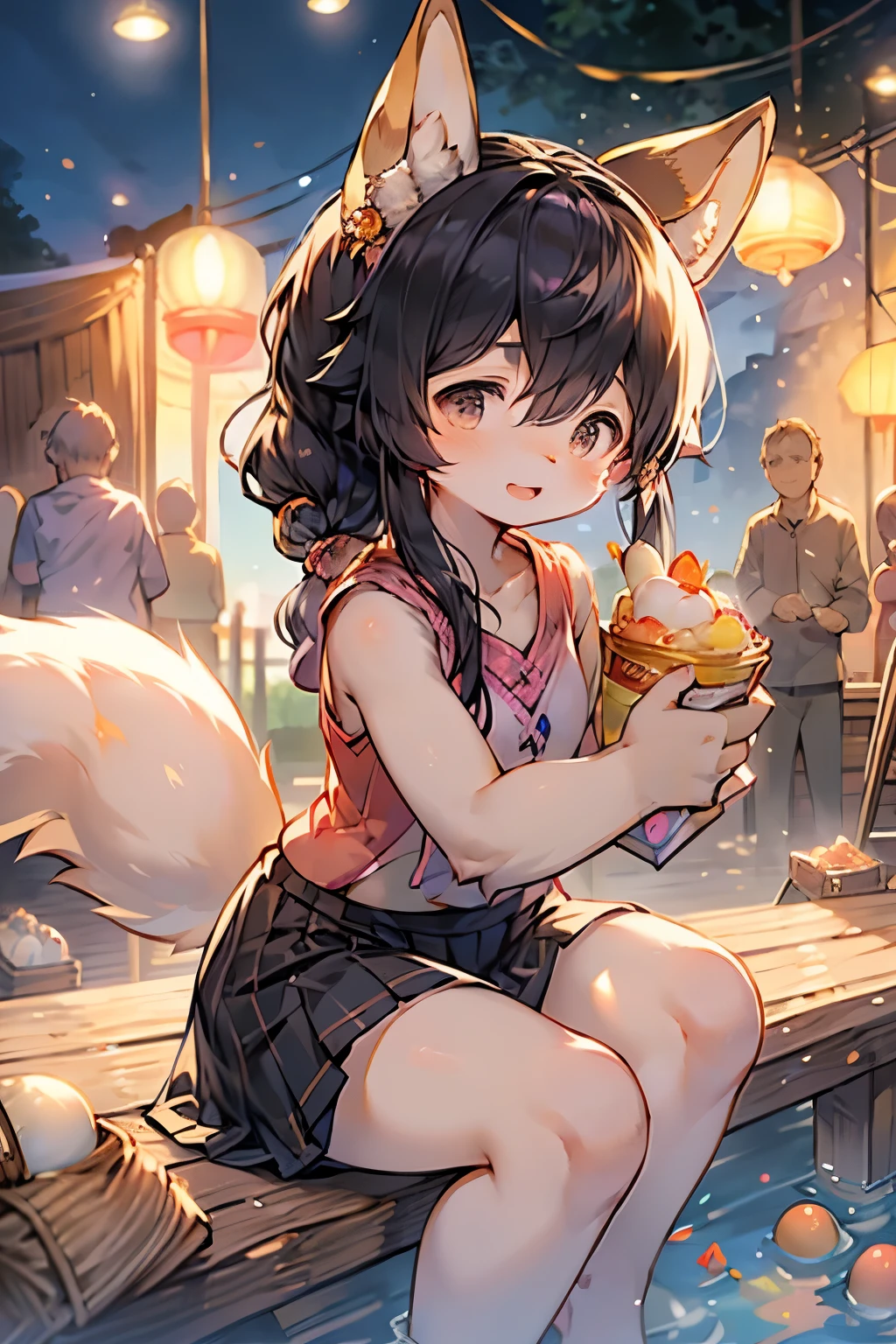 masterpiece, Fox Girl，Solitary, Poor Araragi, Hair accessories, Egg Hair accessories, Side Ponytail, Black Hair, food-themed Hair accessories, fried Egg, Looking at the audience, Egg (food), Long hair, (black eyes:1.1), Purple skirt, sleeveless, Pink shirt, Operation, books, Take a pencil, giggle