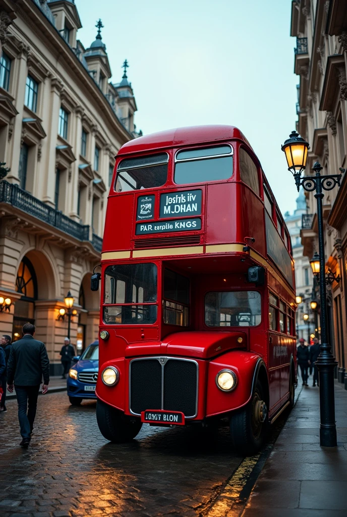 a vintage red double-decker bus on a street in london, seen from a diagonal low angle, intricate detailed architecture, ornate vintage streetlights, cobblestone street, overcast cloudy sky, (best quality,8k,highres,masterpiece:1.2),ultra-detailed,(photo-realistic:1.37),vintage,realistic,cinematic lighting,dramatic composition,moody atmosphere